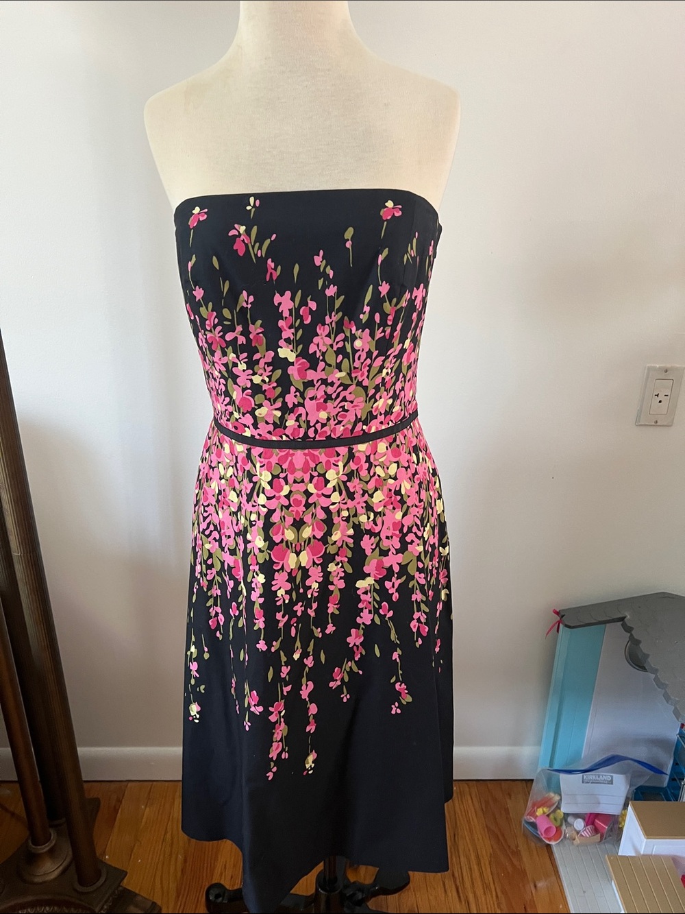 Ann Taylor Strapless Black Dress with Pink Floral Cascade